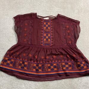 Embroidered Boho Peasant Shirt Womens L Burgundy Sheer Tunic Top Alterd State